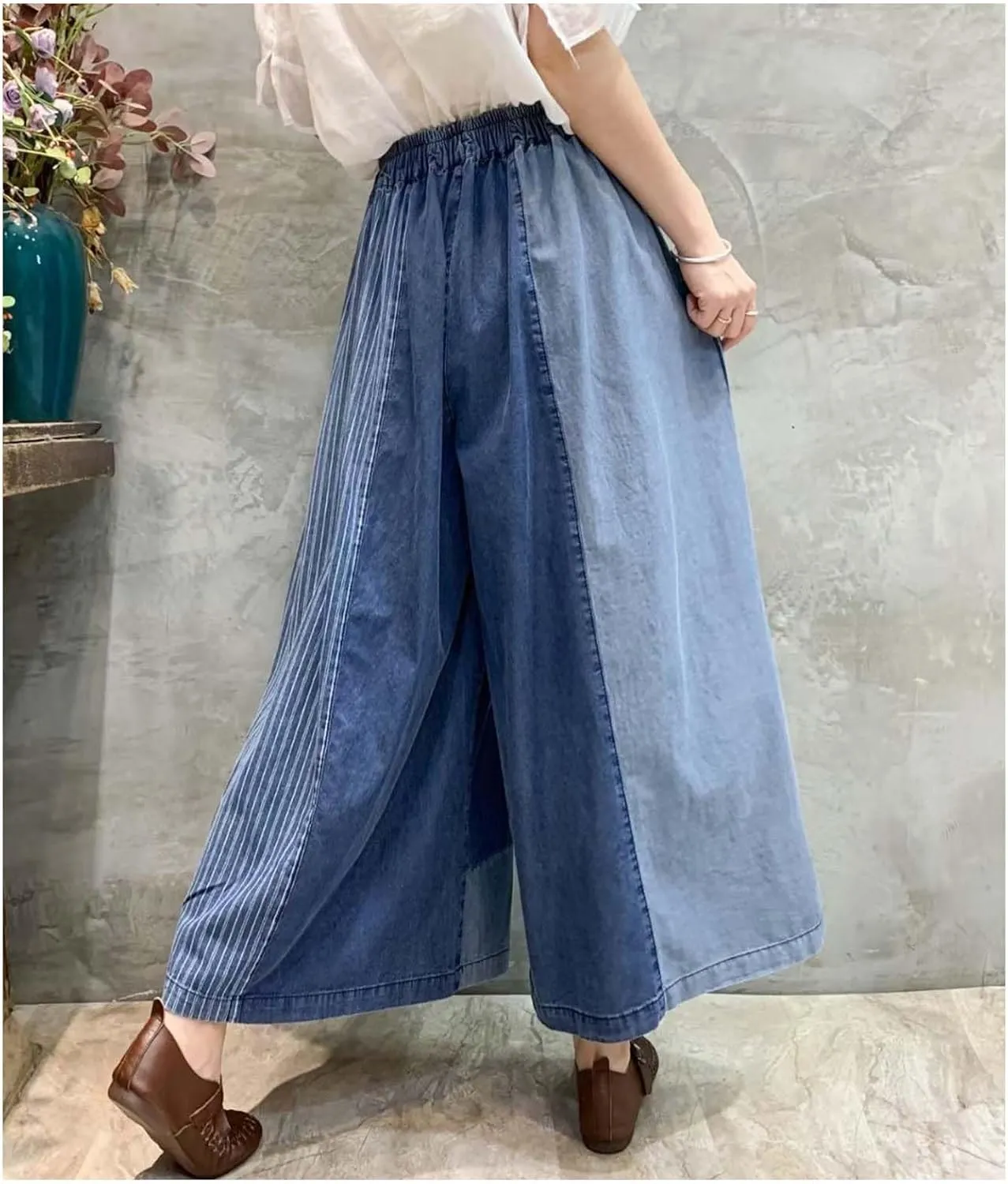 Extra Wide Leg Denim Pants for Women with Embroidery Elastic Band & Drawstring,Fashionable Literary Vibe Dressy Jean