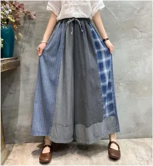 Extra Wide Leg Denim Pants for Women with Embroidery Elastic Band & Drawstring,Fashionable Literary Vibe Dressy Jean