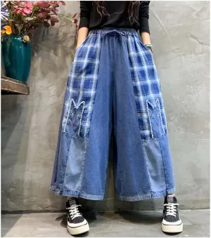 Extra Wide Leg Denim Pants for Women with Embroidery Elastic Band & Drawstring,Fashionable Literary Vibe Dressy Jean