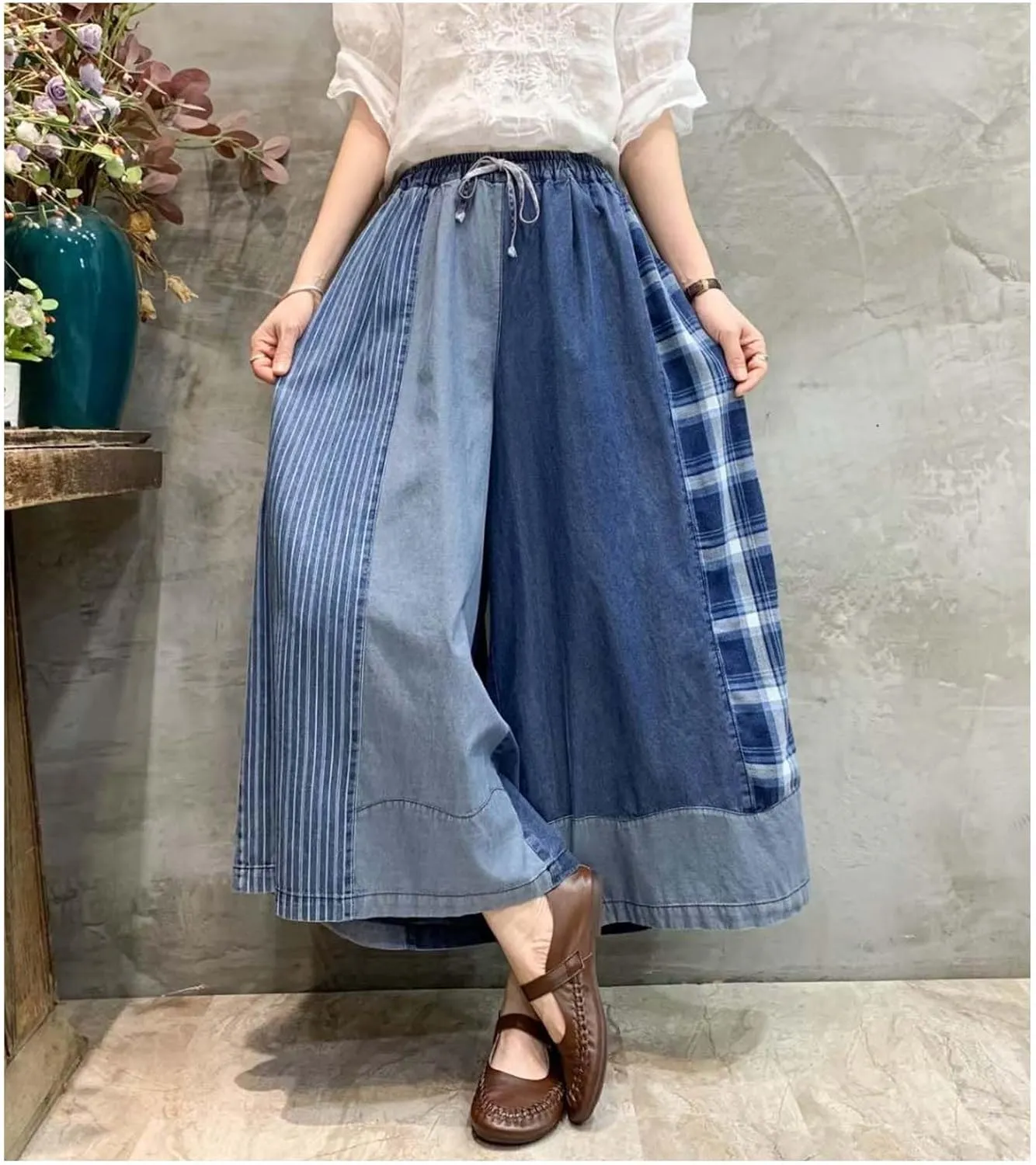 Extra Wide Leg Denim Pants for Women with Embroidery Elastic Band & Drawstring,Fashionable Literary Vibe Dressy Jean