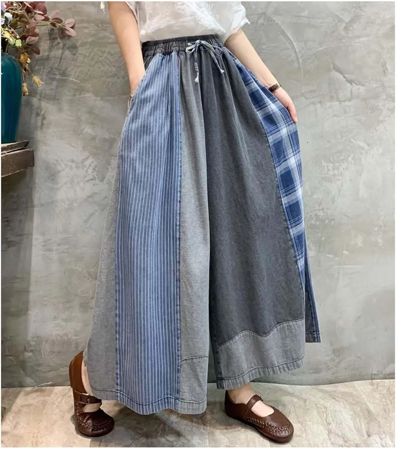 Extra Wide Leg Denim Pants for Women with Embroidery Elastic Band & Drawstring,Fashionable Literary Vibe Dressy Jean