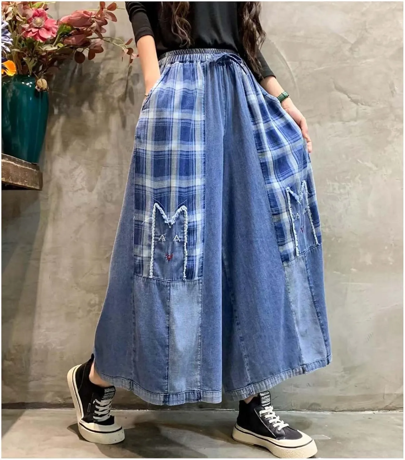 Extra Wide Leg Denim Pants for Women with Embroidery Elastic Band & Drawstring,Fashionable Literary Vibe Dressy Jean