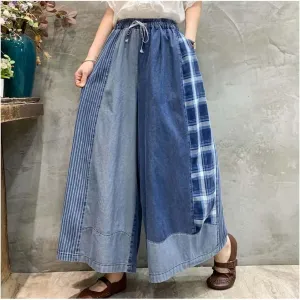Extra Wide Leg Denim Pants for Women with Embroidery Elastic Band & Drawstring,Fashionable Literary Vibe Dressy Jean