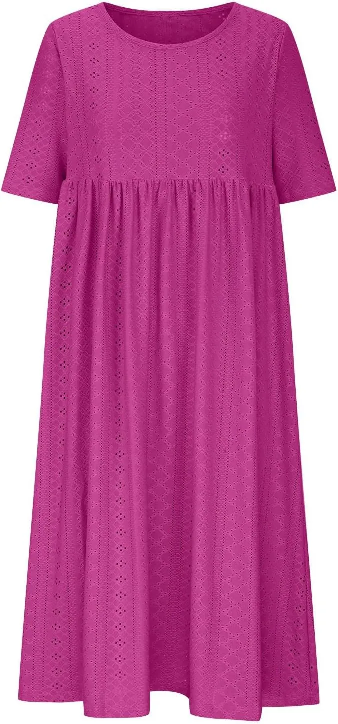 Eyelet Sundress for Women Hollow Out Embroidery & Breathable O-Neck Beach Dress Casual Midi Dress with Pockets