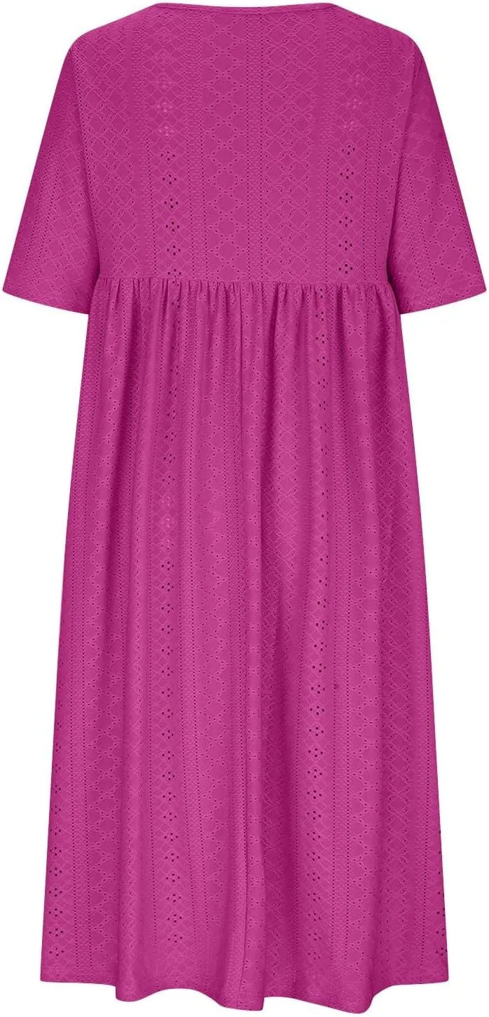 Eyelet Sundress for Women Hollow Out Embroidery & Breathable O-Neck Beach Dress Casual Midi Dress with Pockets