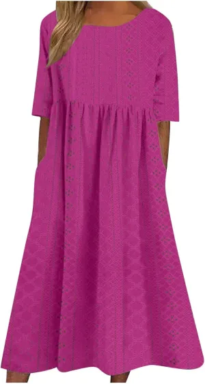 Eyelet Sundress for Women Hollow Out Embroidery & Breathable O-Neck Beach Dress Casual Midi Dress with Pockets