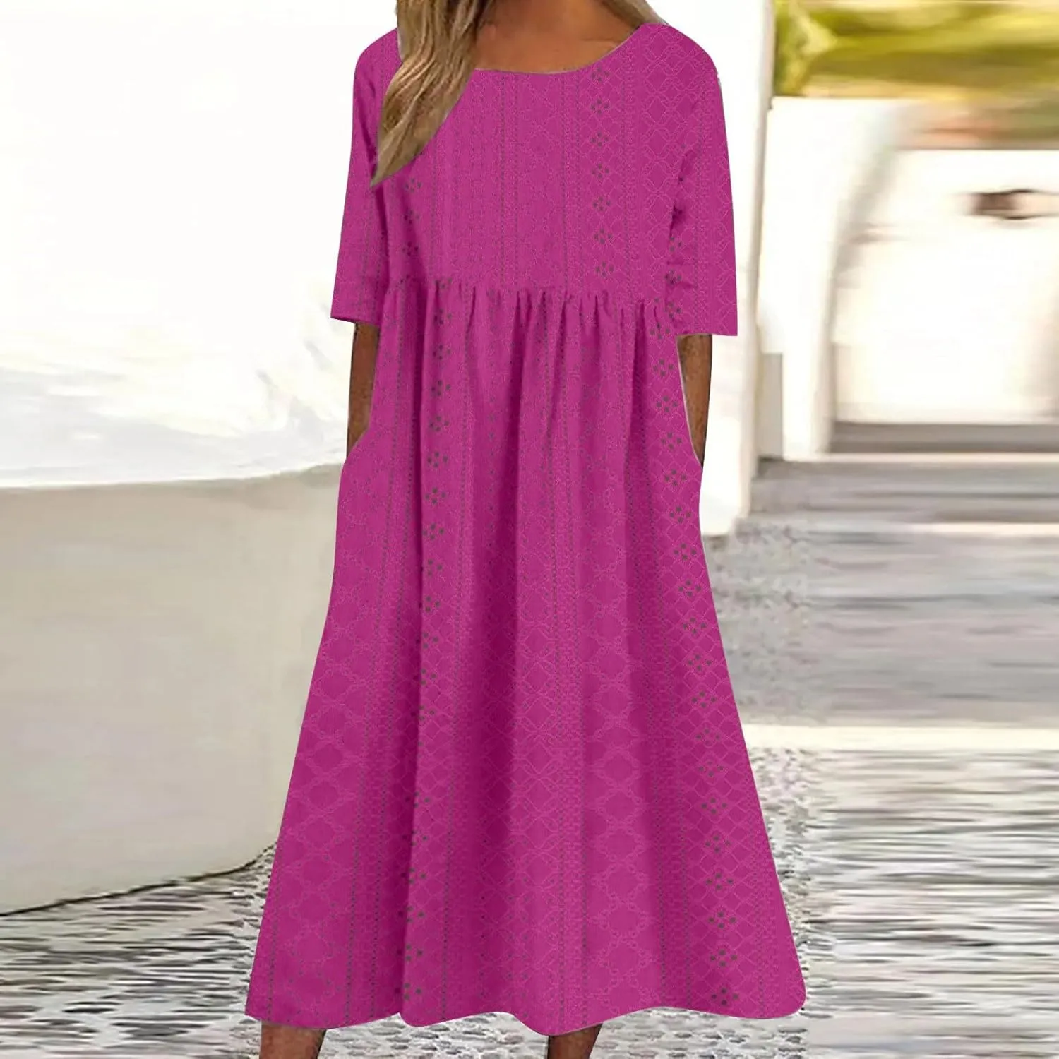 Eyelet Sundress for Women Hollow Out Embroidery & Breathable O-Neck Beach Dress Casual Midi Dress with Pockets