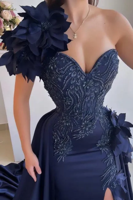 Fabulous Dark Blue Sweetheart One-shoulder Sleeveless Panel Train Satin Split Front Prom Dresses With Handmake Flowers