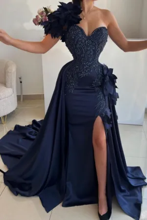 Fabulous Dark Blue Sweetheart One-shoulder Sleeveless Panel Train Satin Split Front Prom Dresses With Handmake Flowers