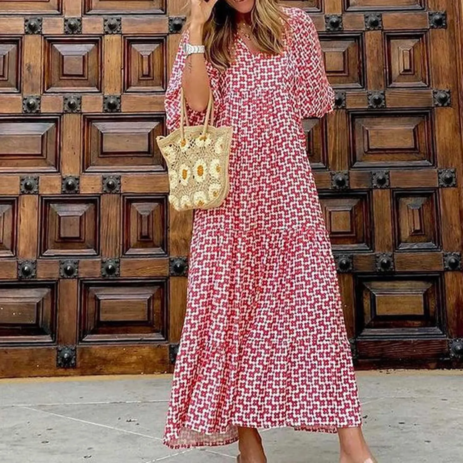 fanmpghleoo Boho Maxi Dresses for Women 2025 Casual Flowy Beach Bohemian Dress Geometric Half Sleeve Tiered Eyelet Dress