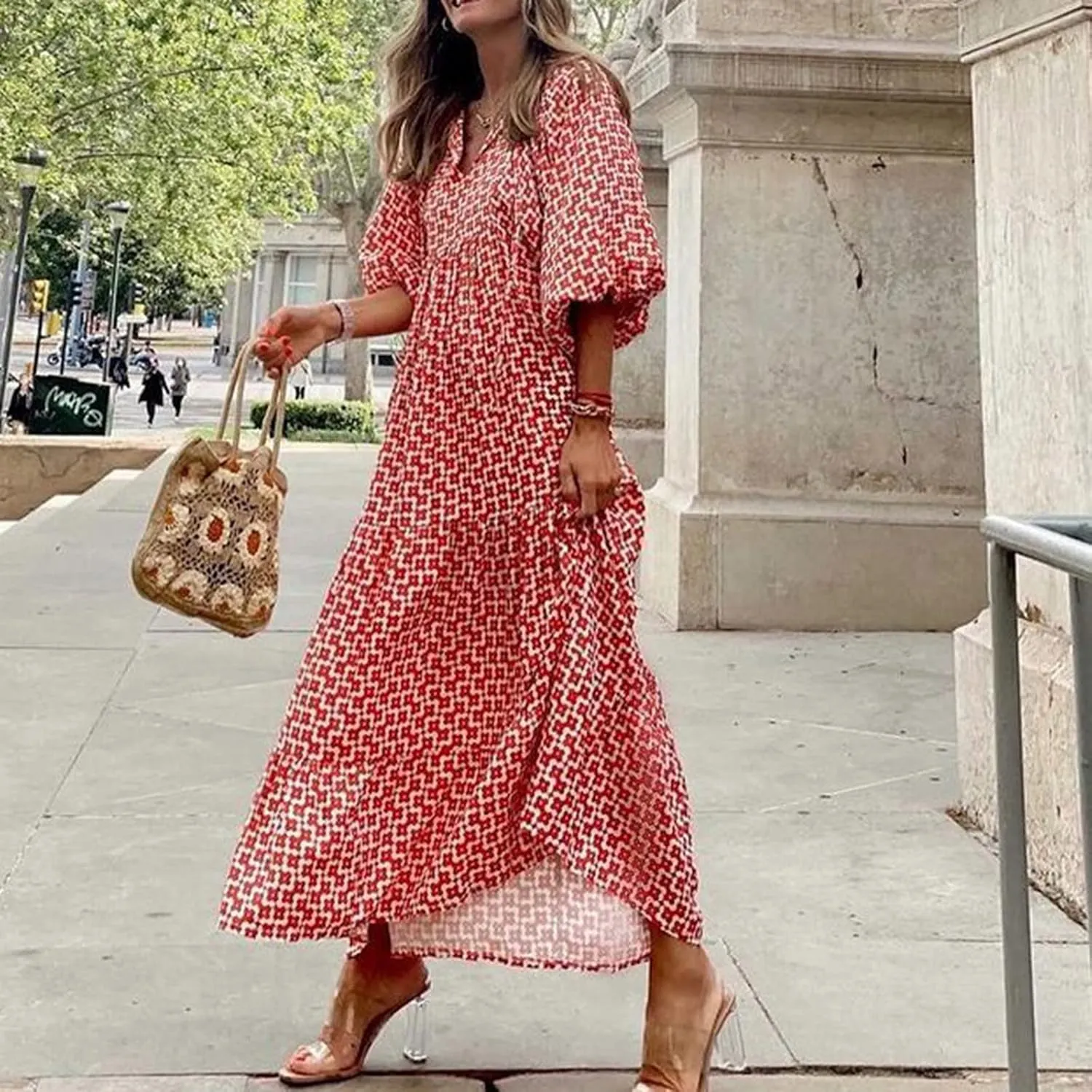 fanmpghleoo Boho Maxi Dresses for Women 2025 Casual Flowy Beach Bohemian Dress Geometric Half Sleeve Tiered Eyelet Dress
