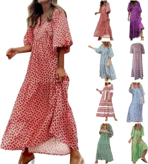 fanmpghleoo Boho Maxi Dresses for Women 2025 Casual Flowy Beach Bohemian Dress Geometric Half Sleeve Tiered Eyelet Dress