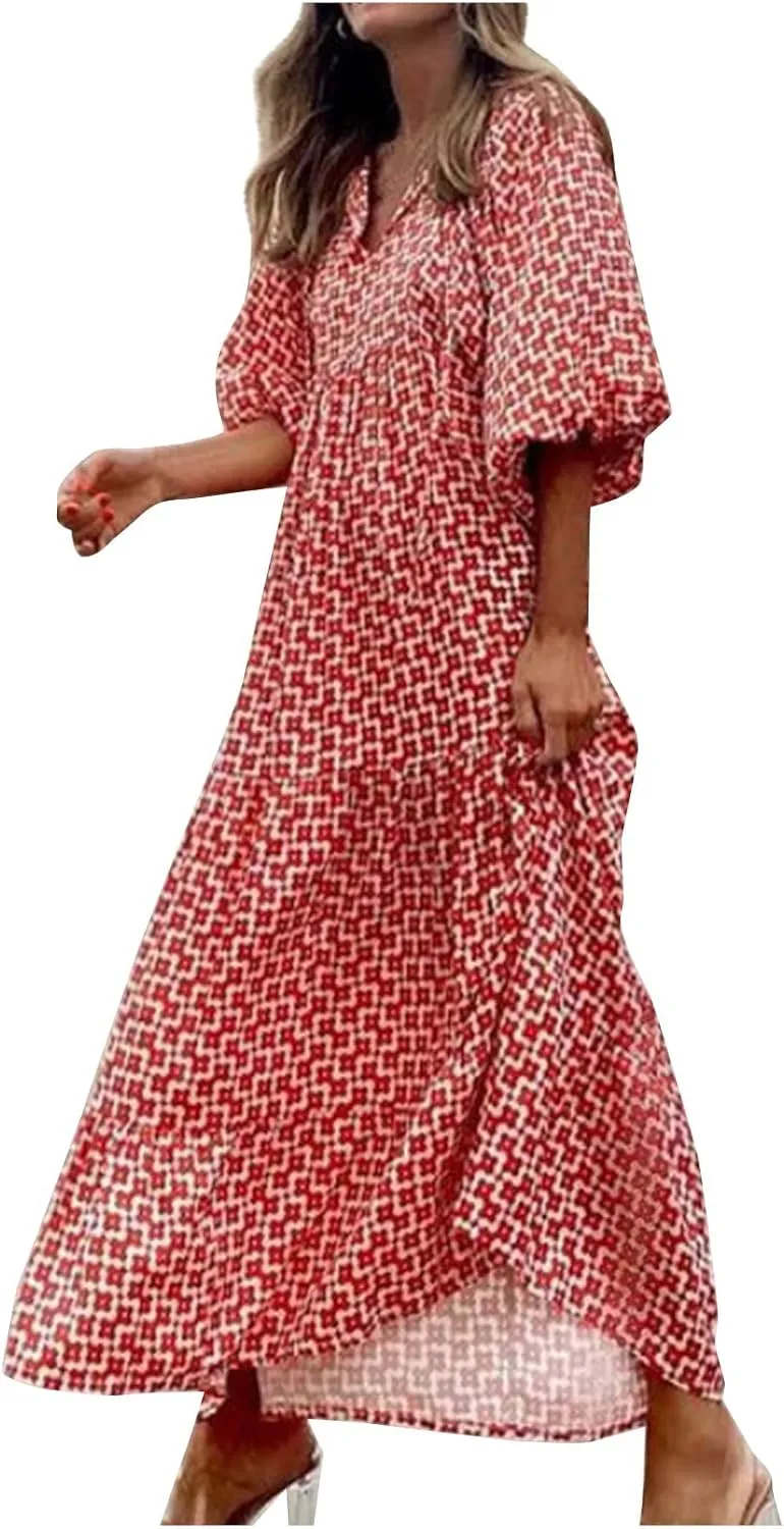 fanmpghleoo Boho Maxi Dresses for Women 2025 Casual Flowy Beach Bohemian Dress Geometric Half Sleeve Tiered Eyelet Dress