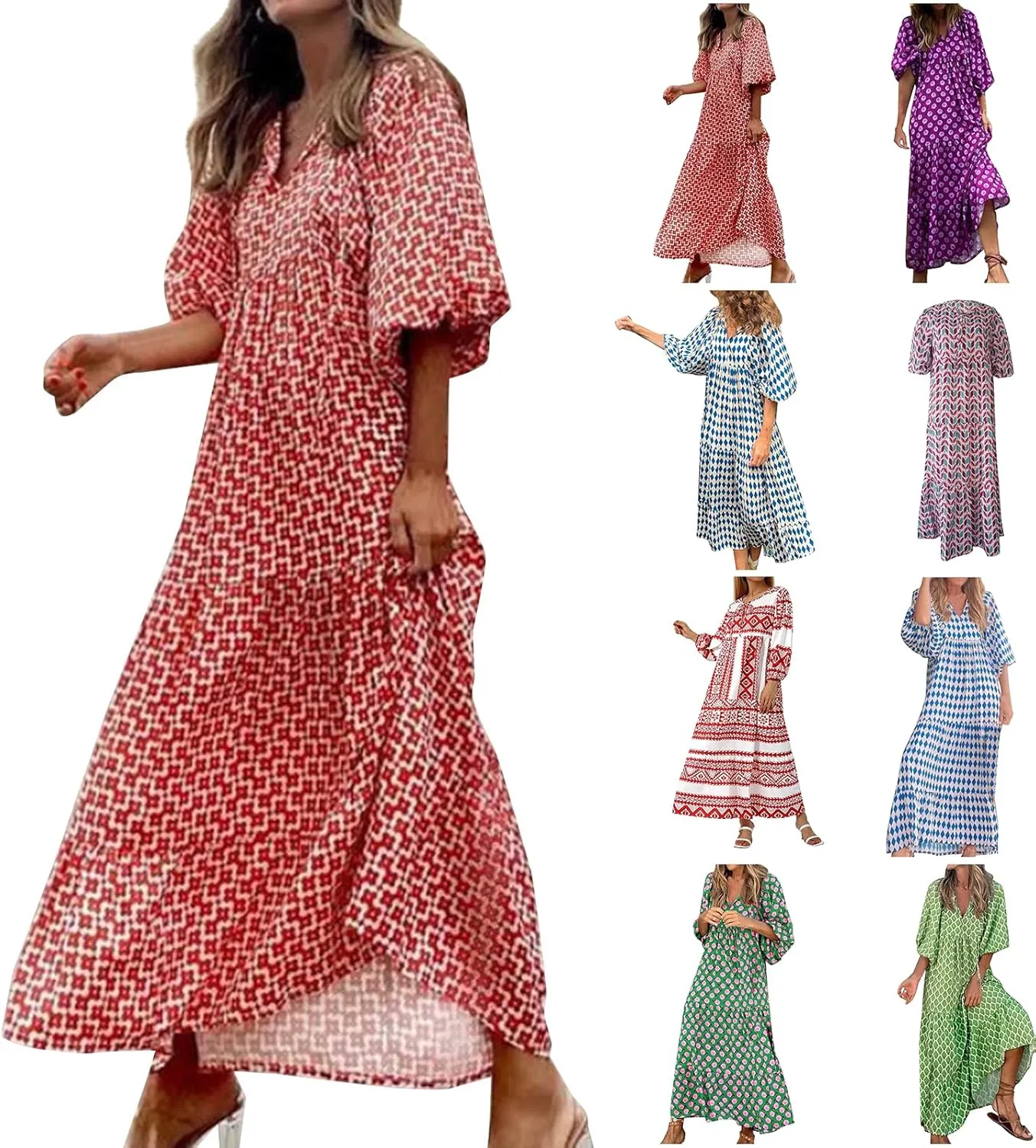 fanmpghleoo Boho Maxi Dresses for Women 2025 Casual Flowy Beach Bohemian Dress Geometric Half Sleeve Tiered Eyelet Dress