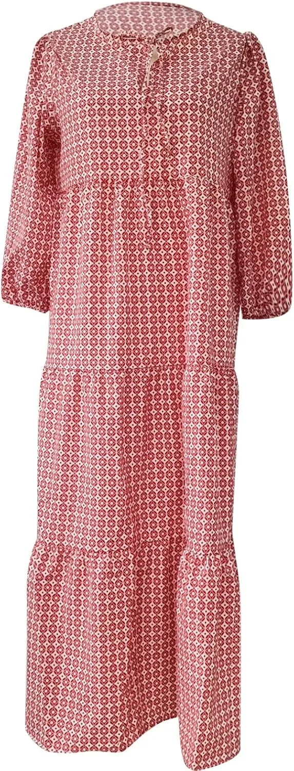 fanmpghleoo Boho Maxi Dresses for Women 2025 Casual Flowy Beach Bohemian Dress Geometric Half Sleeve Tiered Eyelet Dress