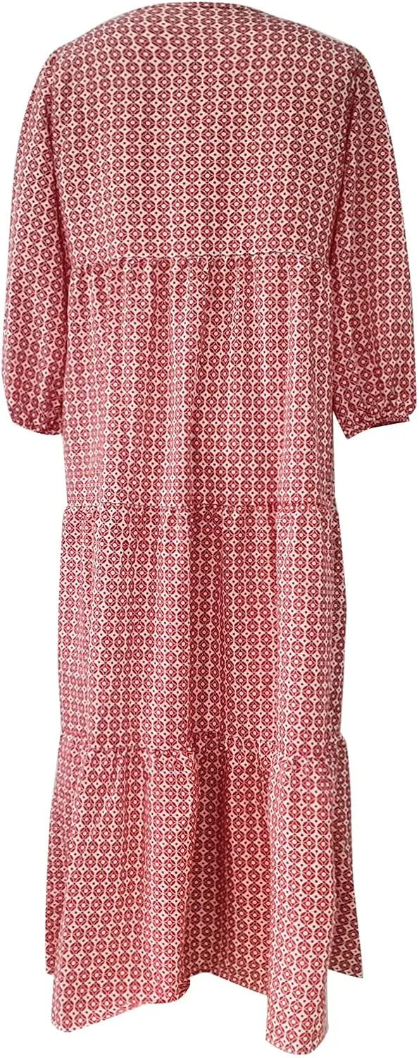 fanmpghleoo Boho Maxi Dresses for Women 2025 Casual Flowy Beach Bohemian Dress Geometric Half Sleeve Tiered Eyelet Dress