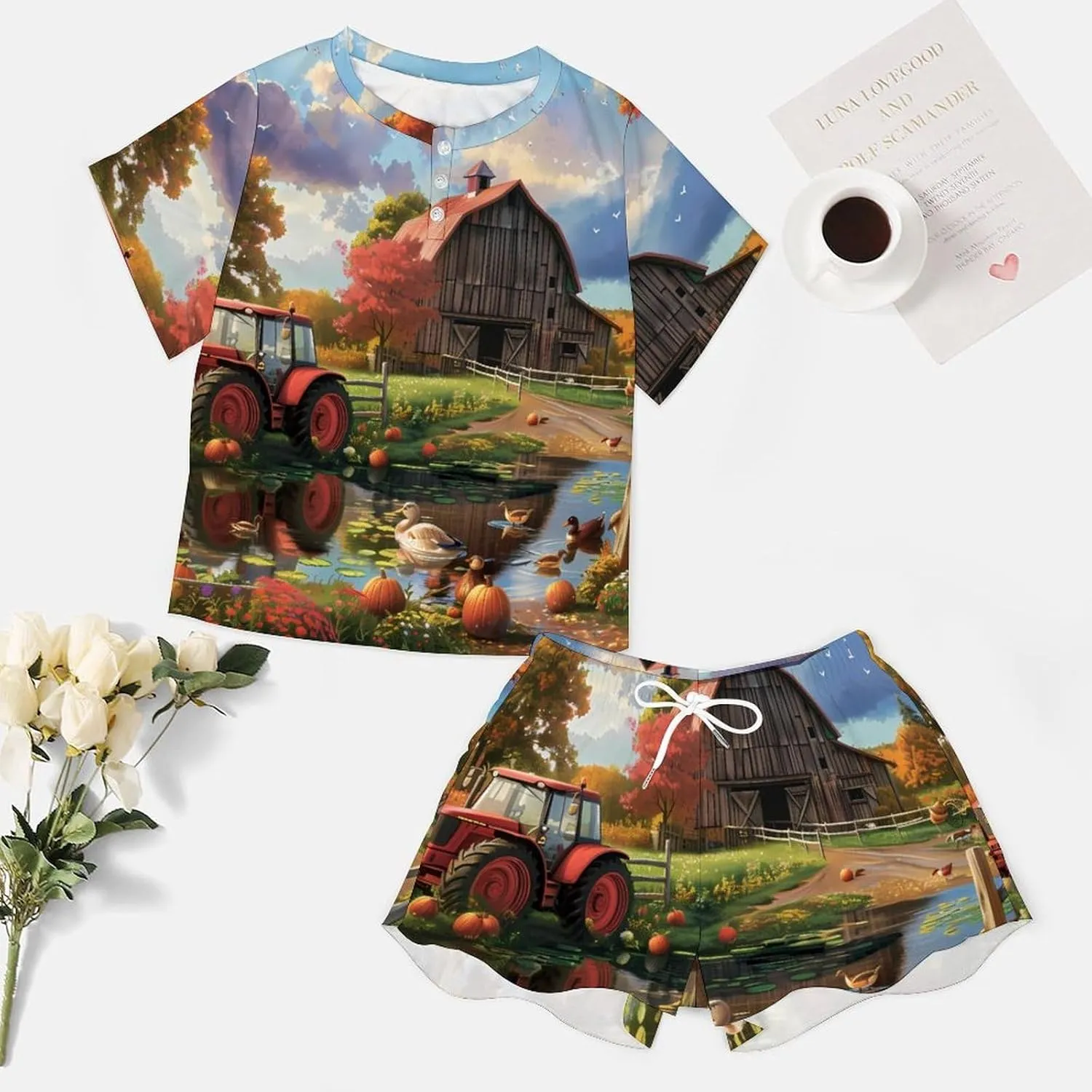 Farm Cottage Life Women's Pajama Sets Short Sleeve Shirt And Shorts Cozy Sleepwear Loungewear Pjs
