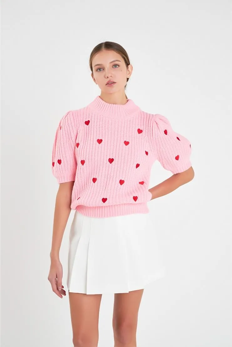Farrah Red Mini Hearts Short Sleeve Sweater - Pink