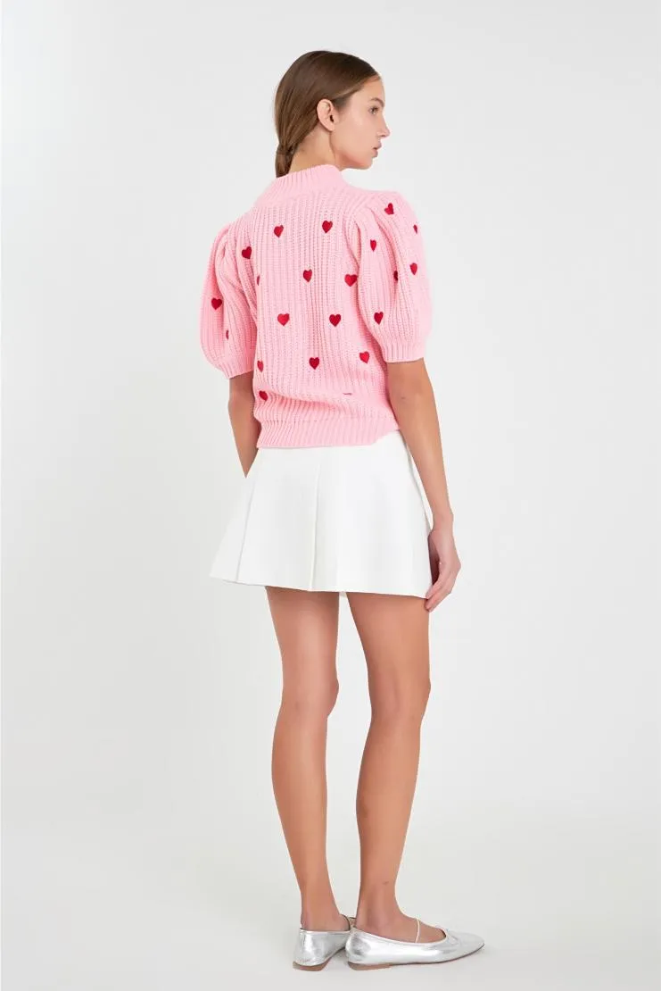 Farrah Red Mini Hearts Short Sleeve Sweater - Pink