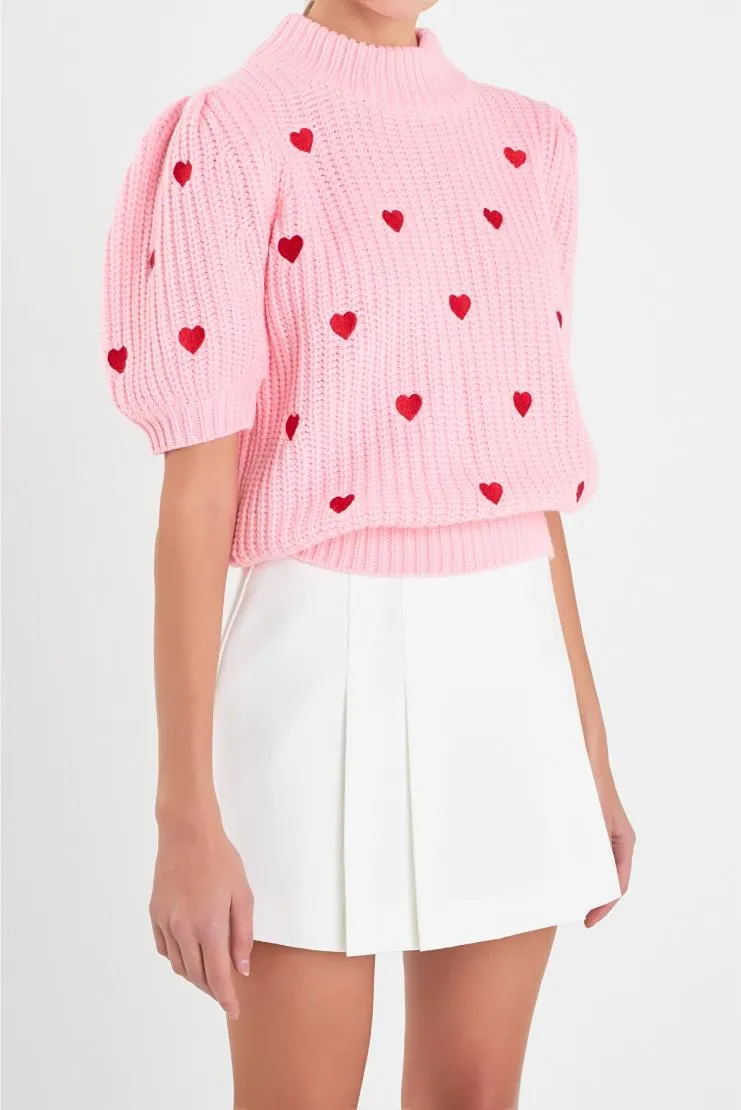 Farrah Red Mini Hearts Short Sleeve Sweater - Pink