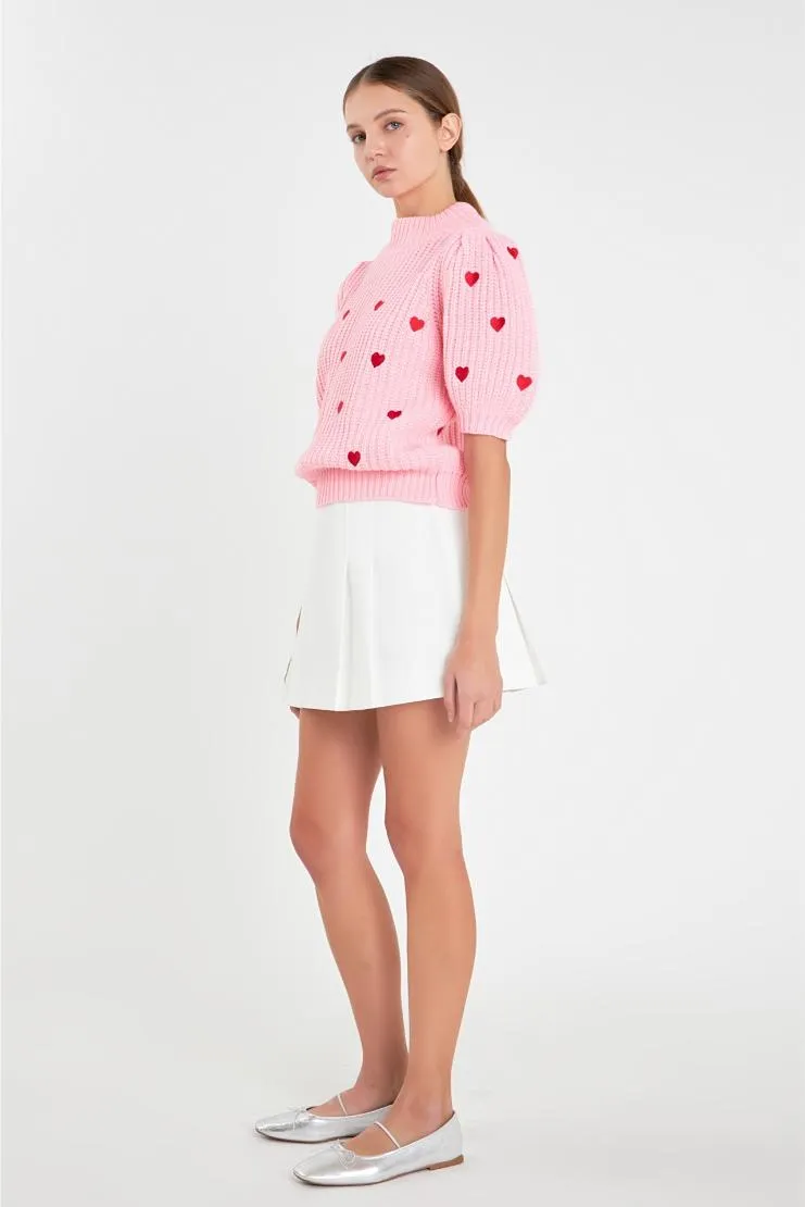Farrah Red Mini Hearts Short Sleeve Sweater - Pink