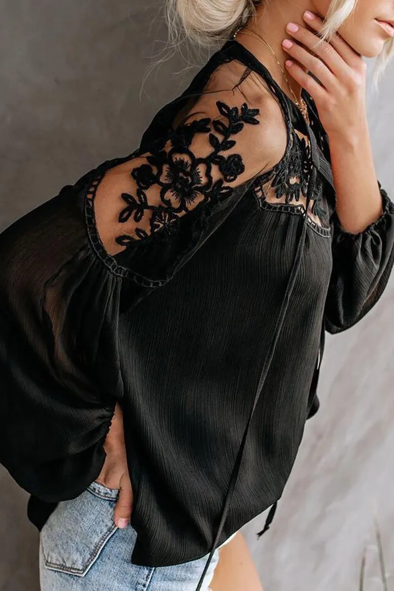 Fashion Elegant Solid Lace Frenulum See-through V Neck Tops