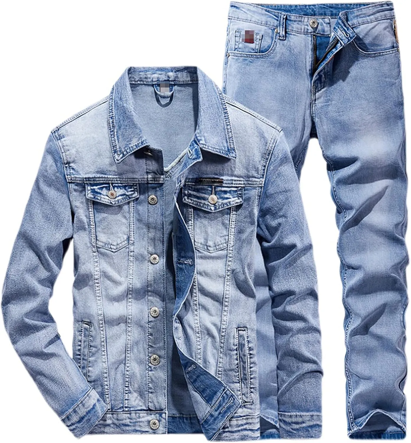 Fashion Slim Solid Color Couple Jeans Set Simple Spring Autumn Light Blue Denim Jacket   Jeans 2 Piece Set