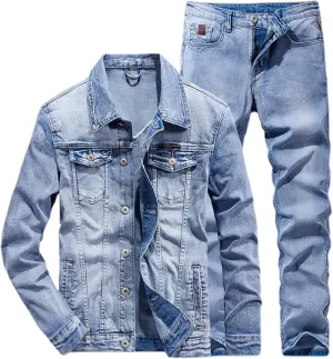 Fashion Slim Solid Color Couple Jeans Set Simple Spring Autumn Light Blue Denim Jacket   Jeans 2 Piece Set
