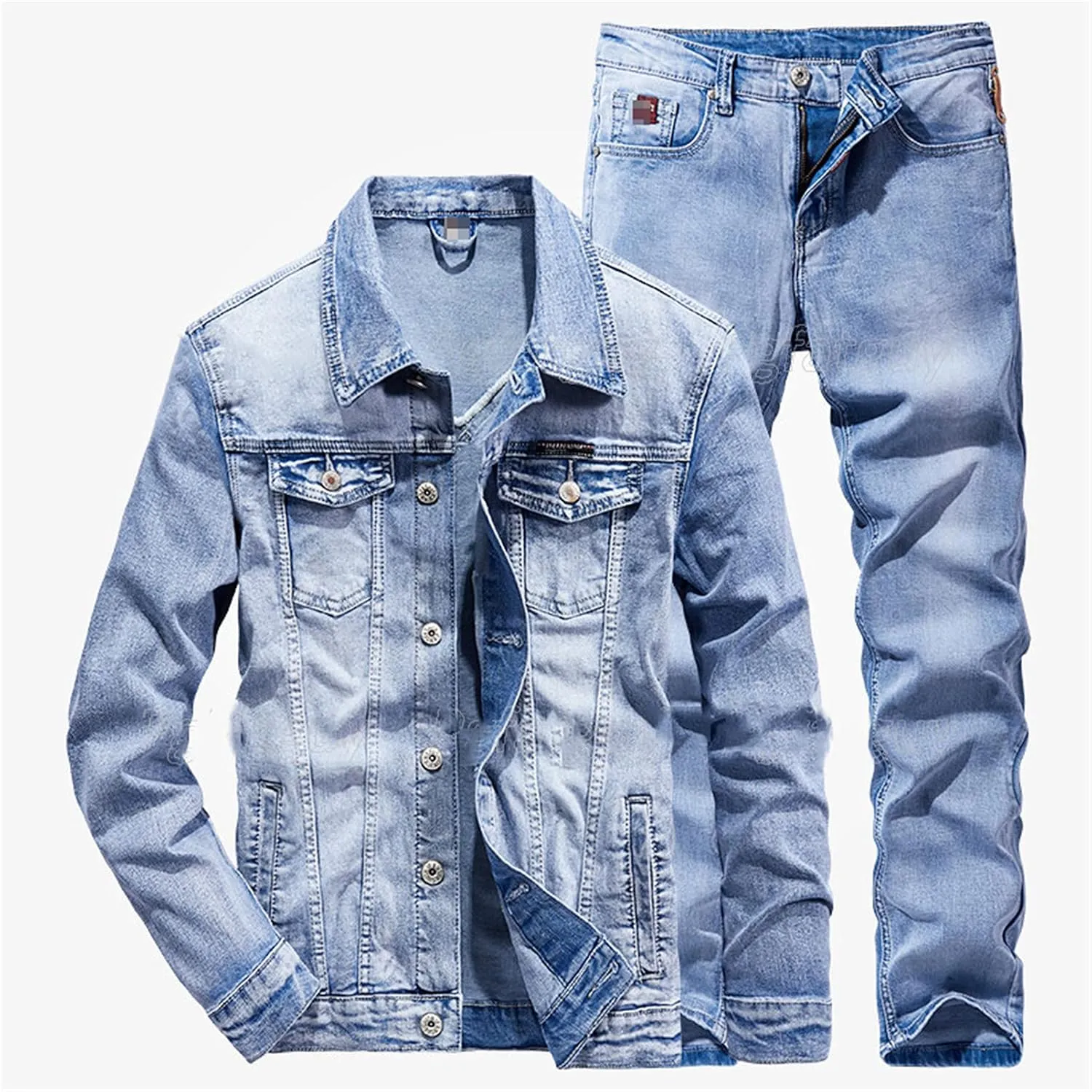 Fashion Slim Solid Color Couple Jeans Set Simple Spring Autumn Light Blue Denim Jacket   Jeans 2 Piece Set