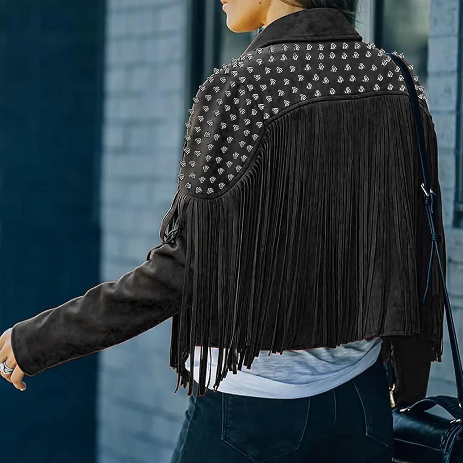 Fashion SX Women's fashionable short style rivet decoration tassel faux fur motorcycle jacket