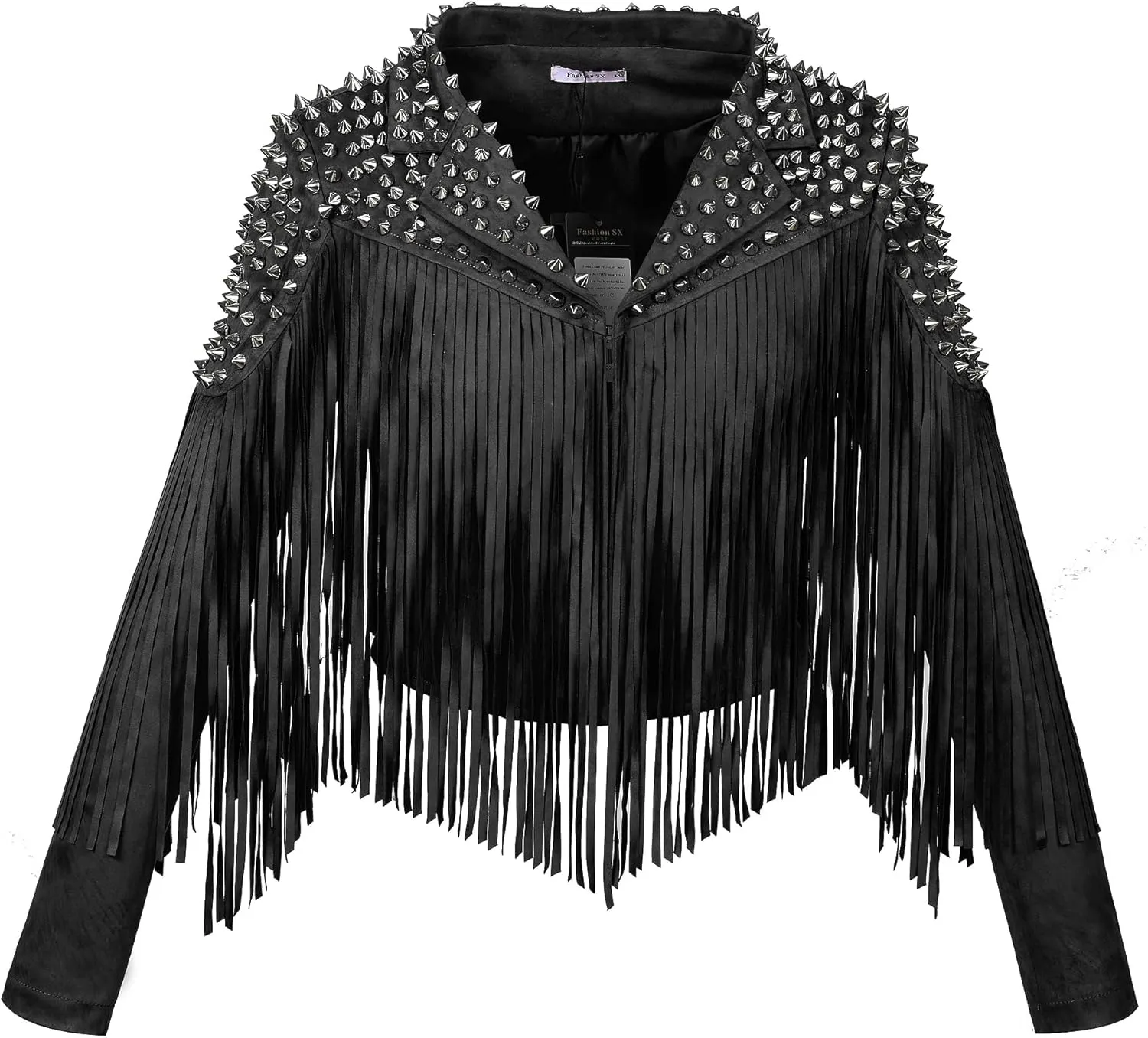 Fashion SX Women's fashionable short style rivet decoration tassel faux fur motorcycle jacket