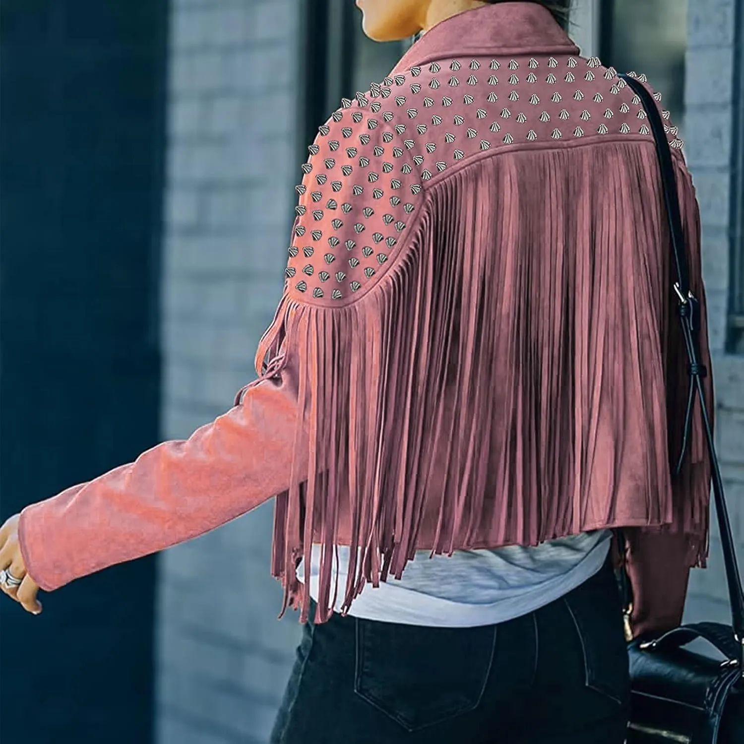 Fashion SX Women's fashionable short style rivet decoration tassel faux fur motorcycle jacket