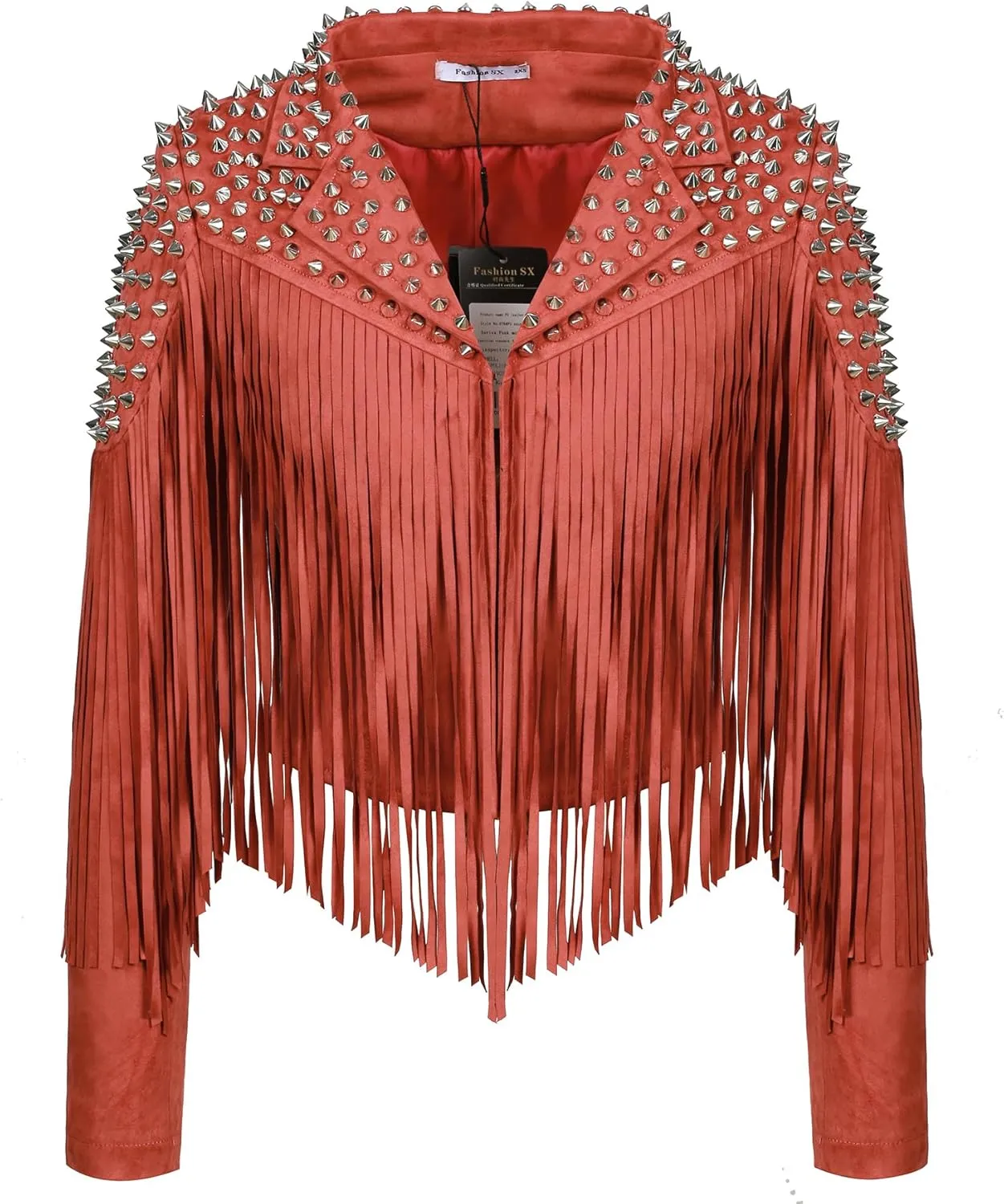 Fashion SX Women's fashionable short style rivet decoration tassel faux fur motorcycle jacket