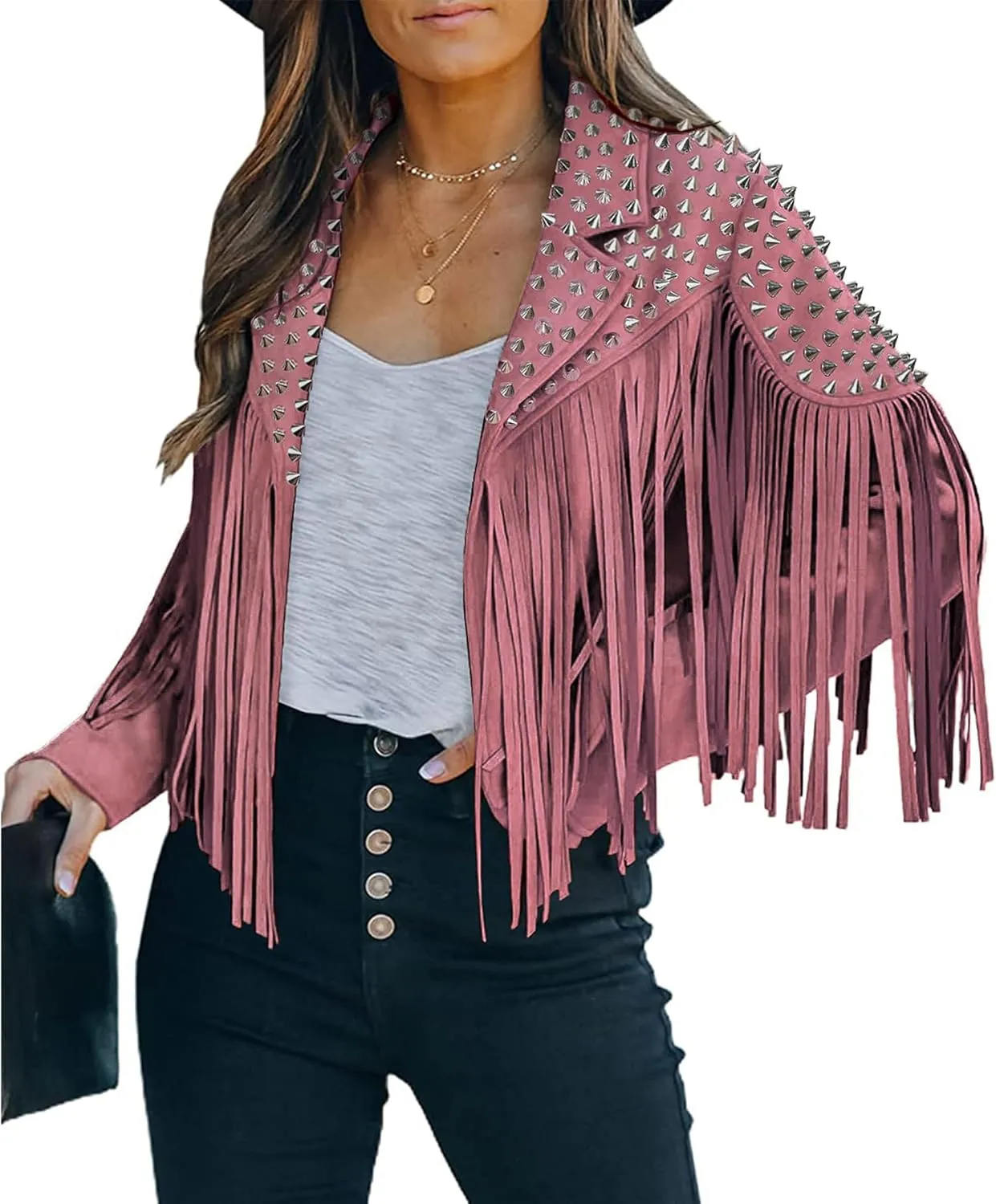 Fashion SX Women's fashionable short style rivet decoration tassel faux fur motorcycle jacket