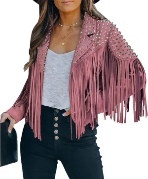 Fashion SX Women's fashionable short style rivet decoration tassel faux fur motorcycle jacket