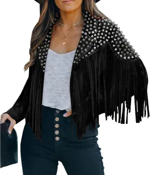 Fashion SX Women's fashionable short style rivet decoration tassel faux fur motorcycle jacket