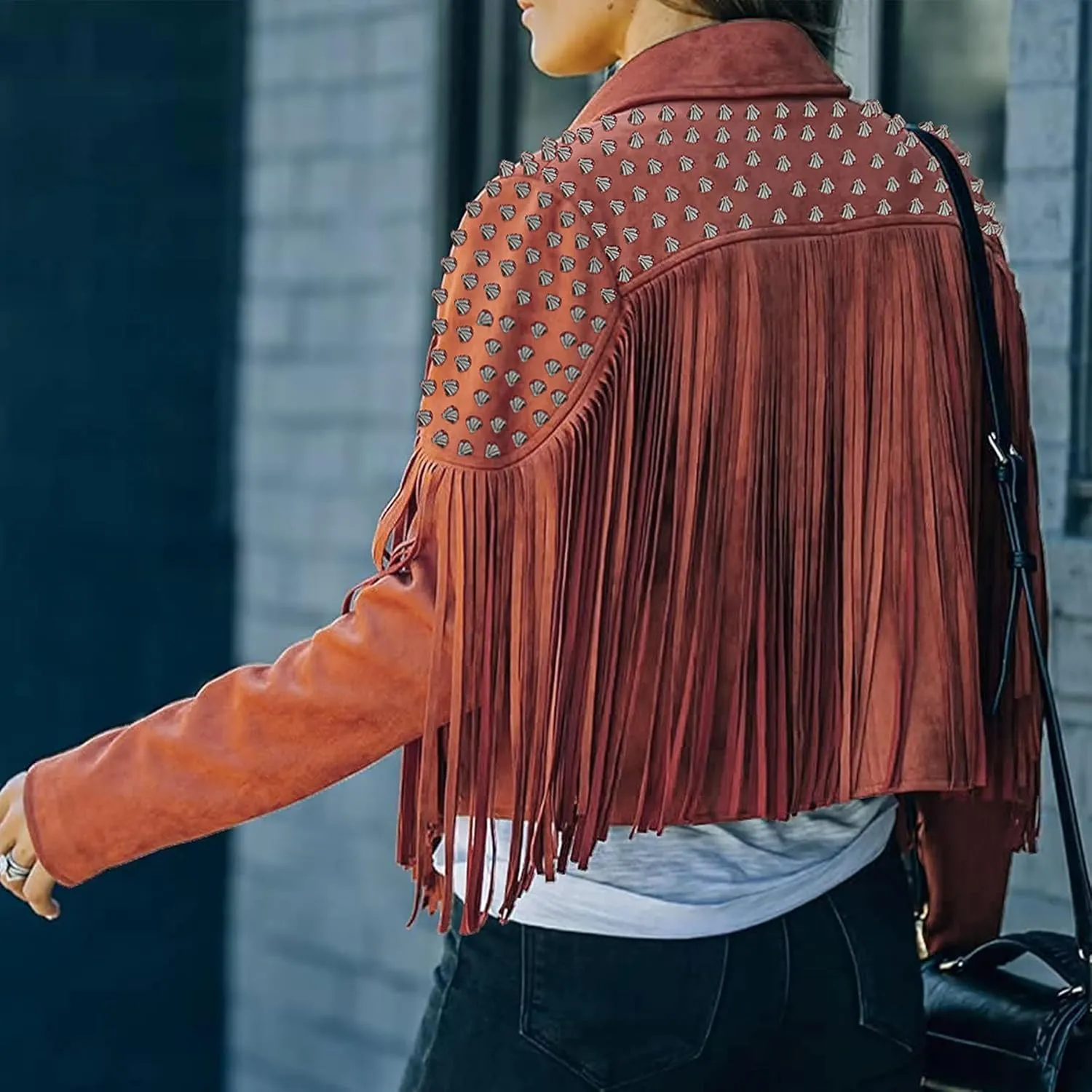 Fashion SX Women's fashionable short style rivet decoration tassel faux fur motorcycle jacket