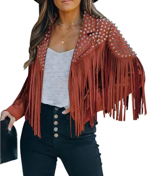 Fashion SX Women's fashionable short style rivet decoration tassel faux fur motorcycle jacket