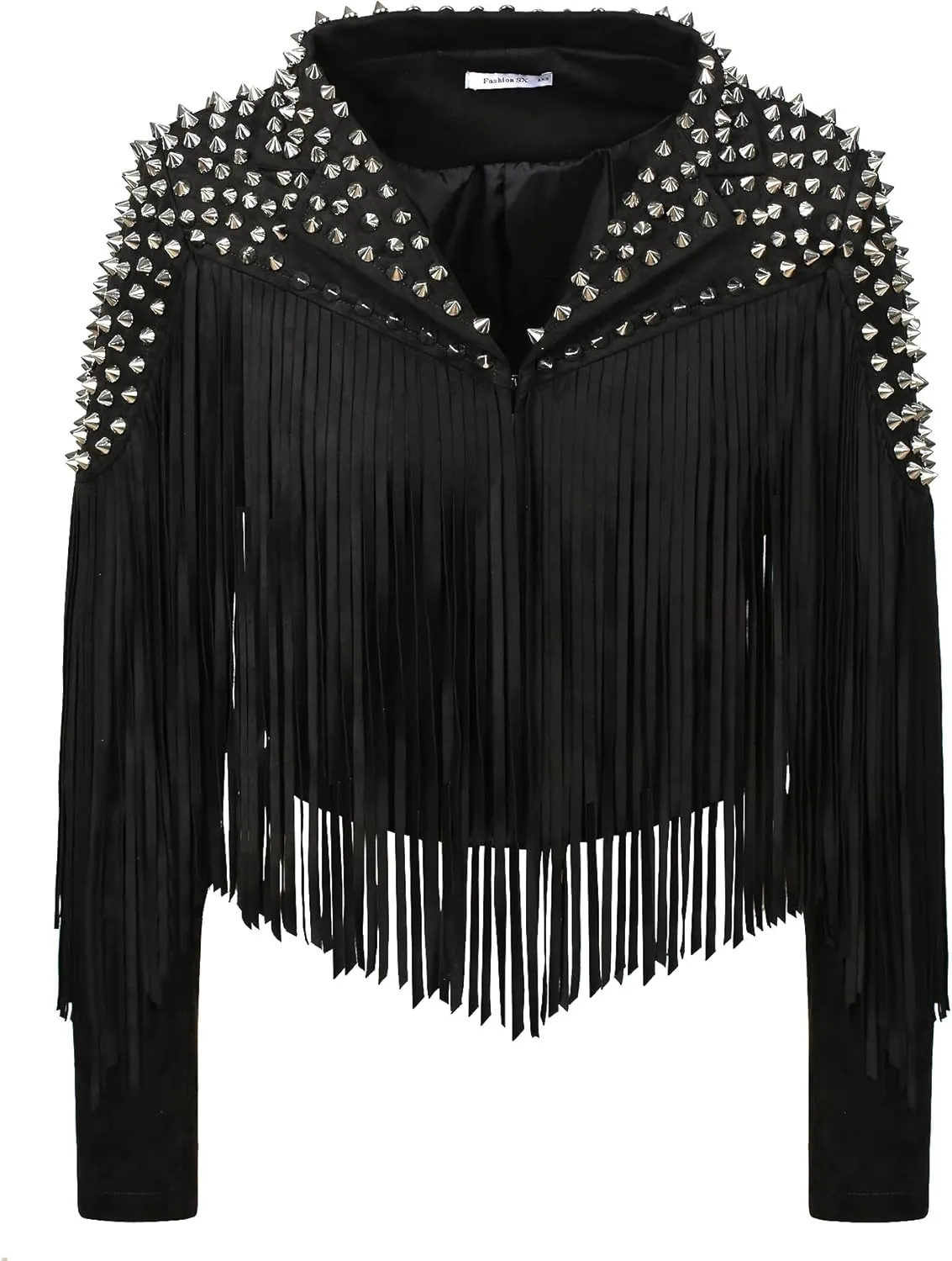 Fashion SX Women's fashionable short style rivet decoration tassel faux fur motorcycle jacket
