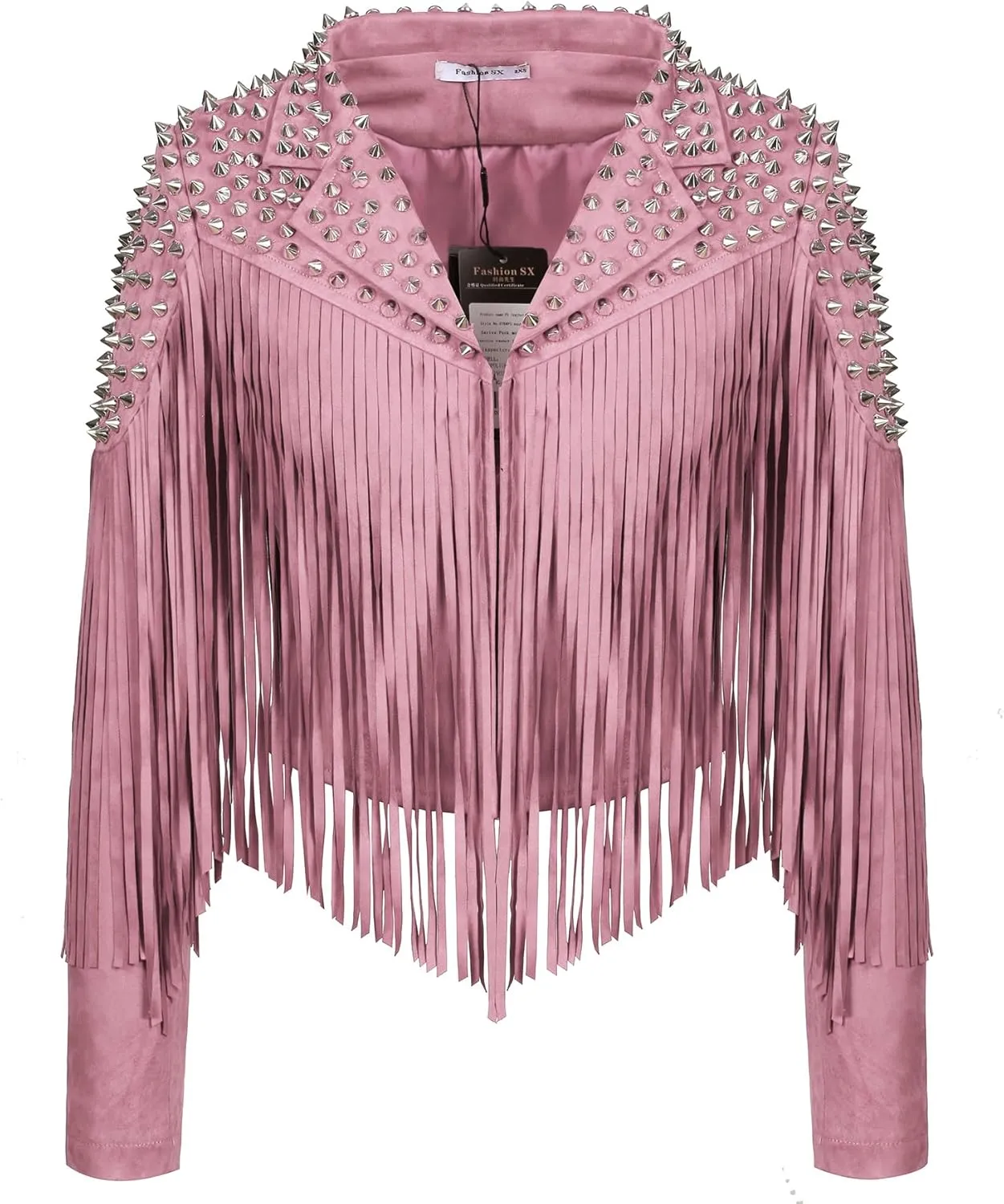 Fashion SX Women's fashionable short style rivet decoration tassel faux fur motorcycle jacket