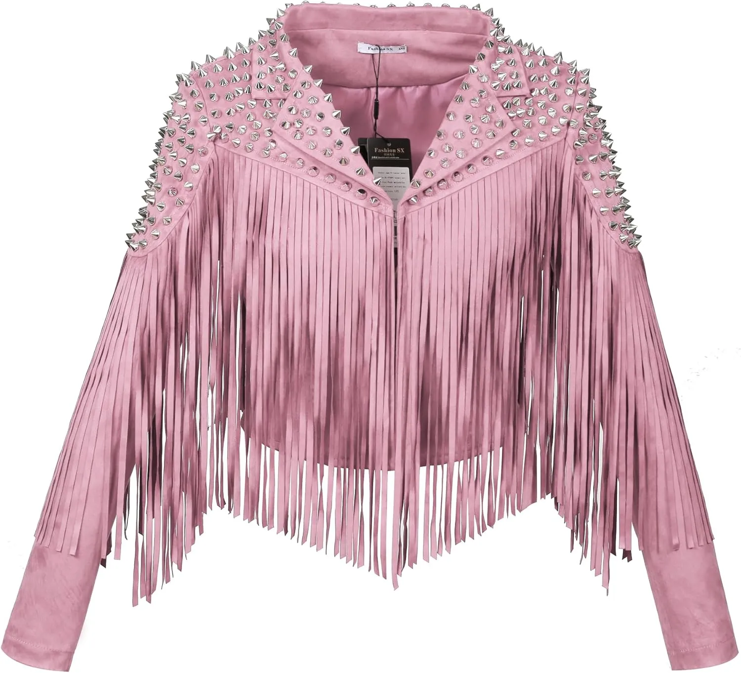 Fashion SX Women's fashionable short style rivet decoration tassel faux fur motorcycle jacket