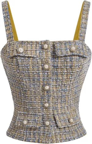 Floerns Women's Elegant Tweed Button Front Plaid Camisole Sleeveless Tank Tops