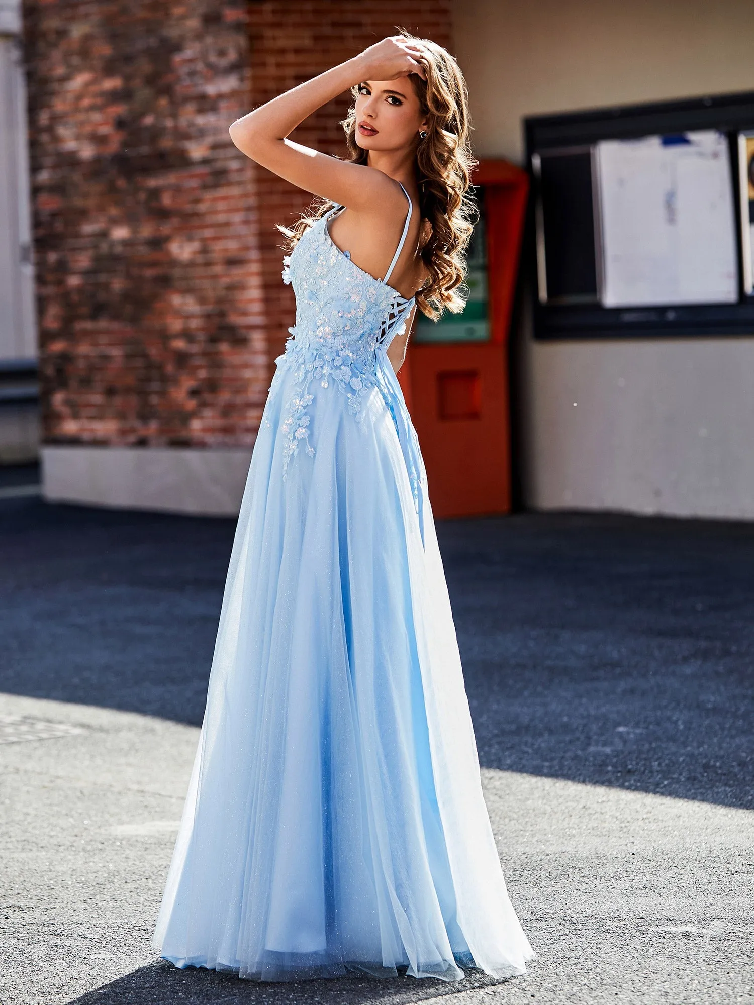 Flower Applique Ruched Skirt Tulle Gown Black