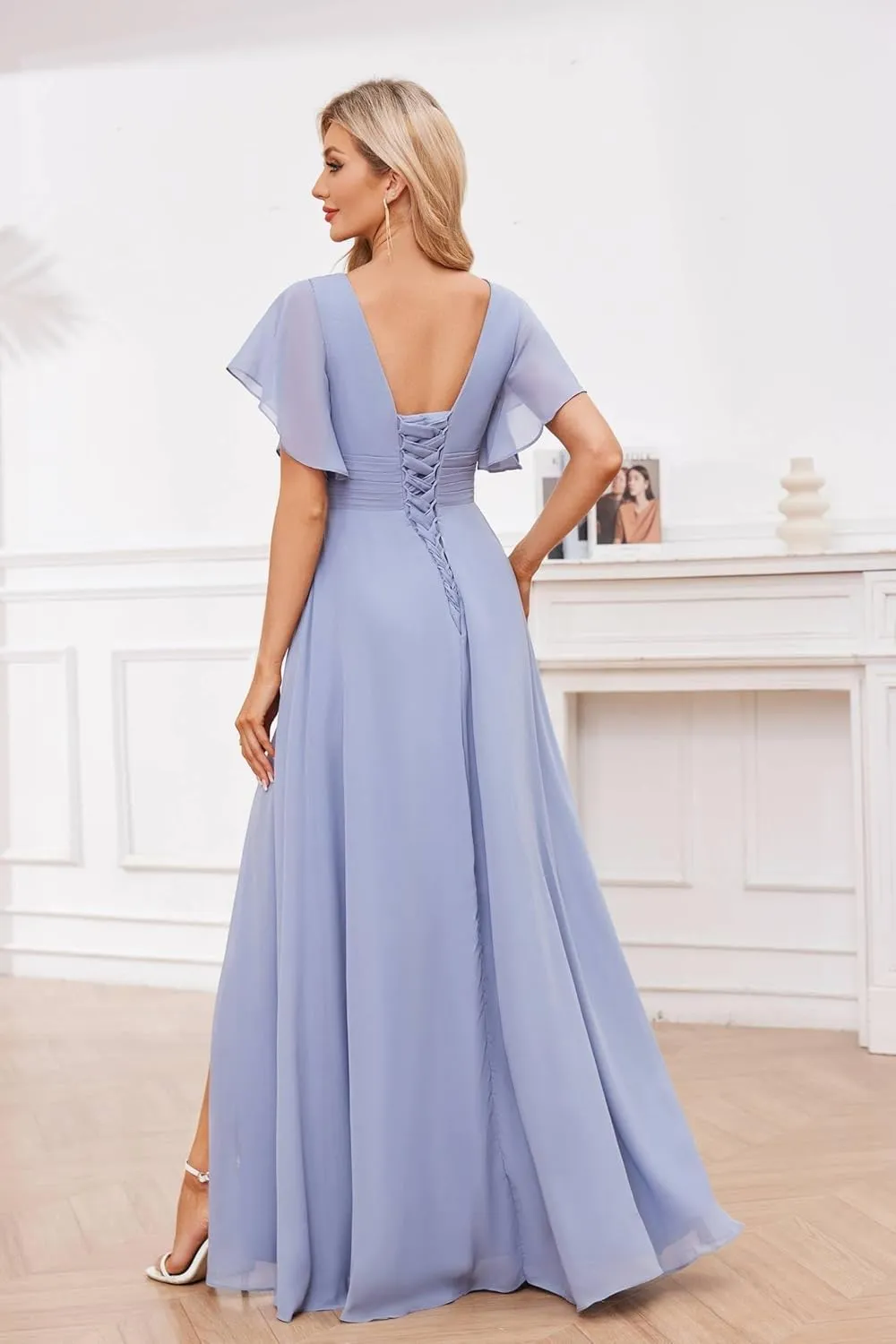 GDJDIFK Women's V-Neck Short Sleeve Bridesmaid Dresses for Wedding, Ruffled Chiffon Formal Evening Gown with Slit