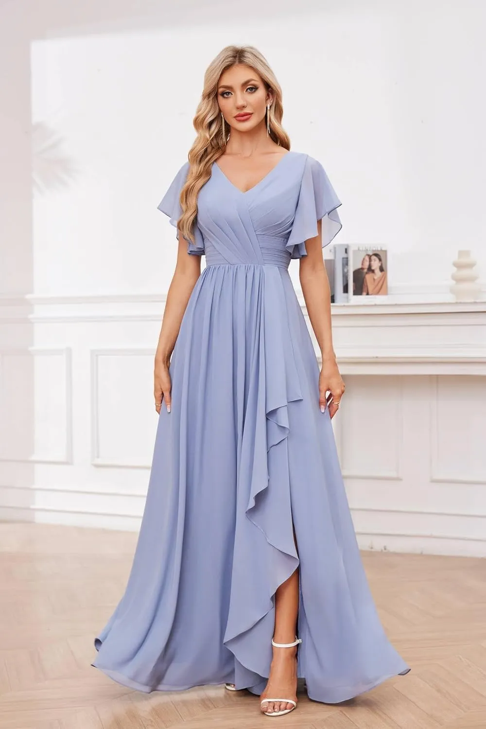 GDJDIFK Women's V-Neck Short Sleeve Bridesmaid Dresses for Wedding, Ruffled Chiffon Formal Evening Gown with Slit