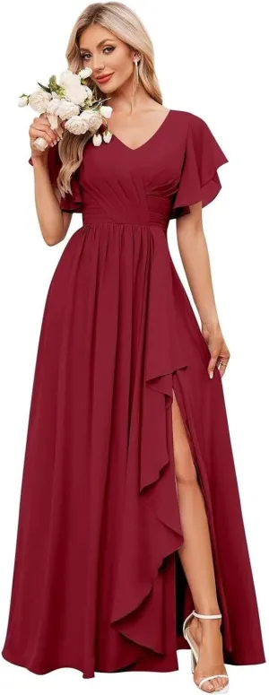 GDJDIFK Women's V-Neck Short Sleeve Bridesmaid Dresses for Wedding, Ruffled Chiffon Formal Evening Gown with Slit