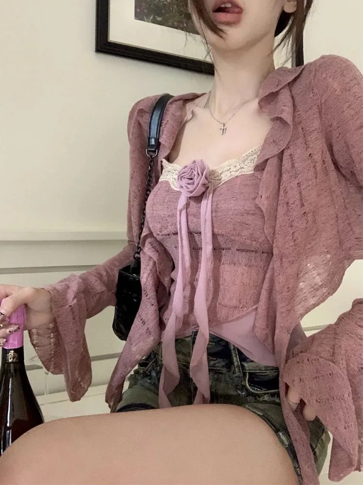 Girlary Autumn Pink Elegant 2 Piece Set Office Lady Lace Sexy Strap Tops Casual Cardigan Korean Fashion Blouse Suit Woman Outfits