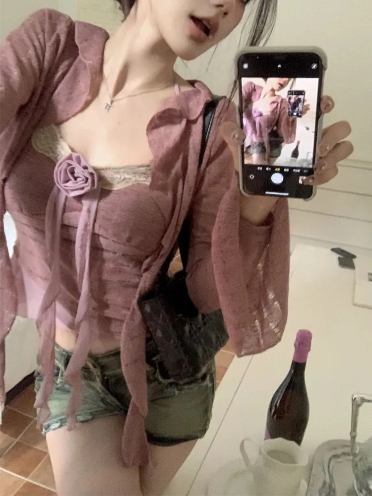 Girlary Autumn Pink Elegant 2 Piece Set Office Lady Lace Sexy Strap Tops Casual Cardigan Korean Fashion Blouse Suit Woman Outfits