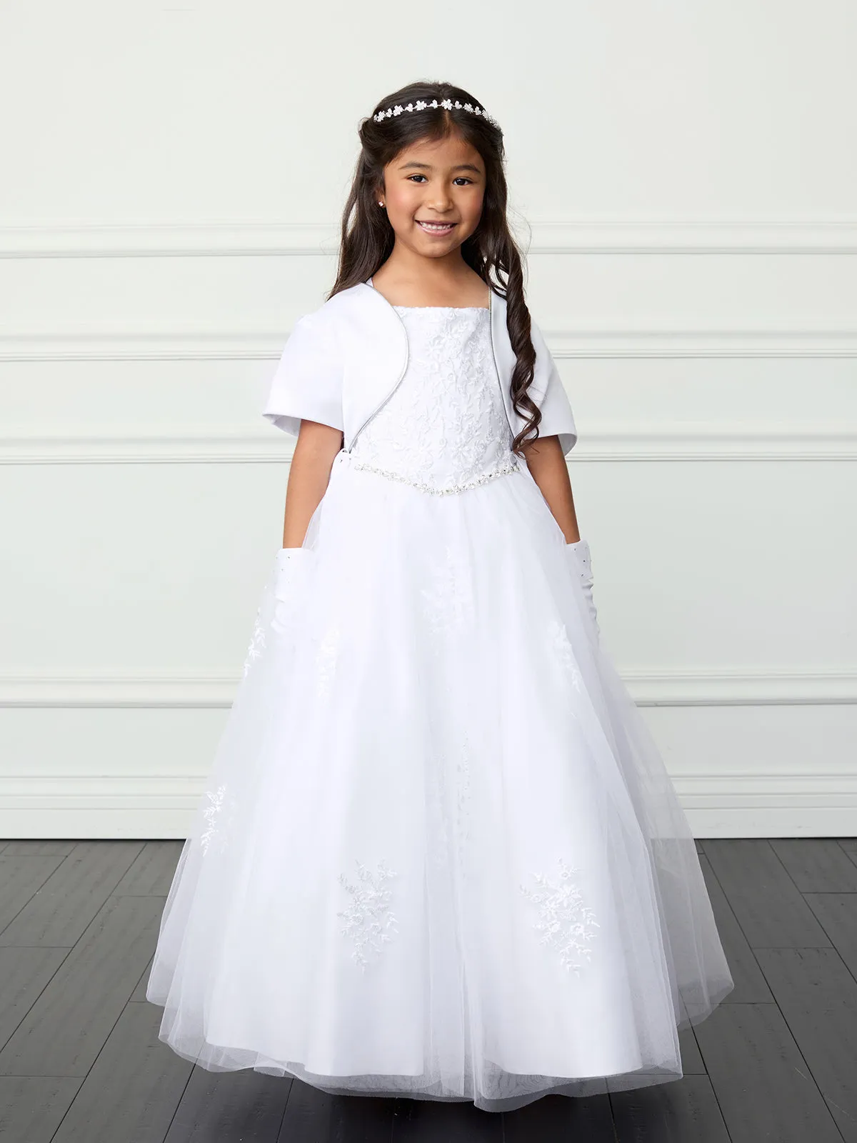 Girls First Communion Dress with Rhinestone Waist & Bolero Jacket 7-18