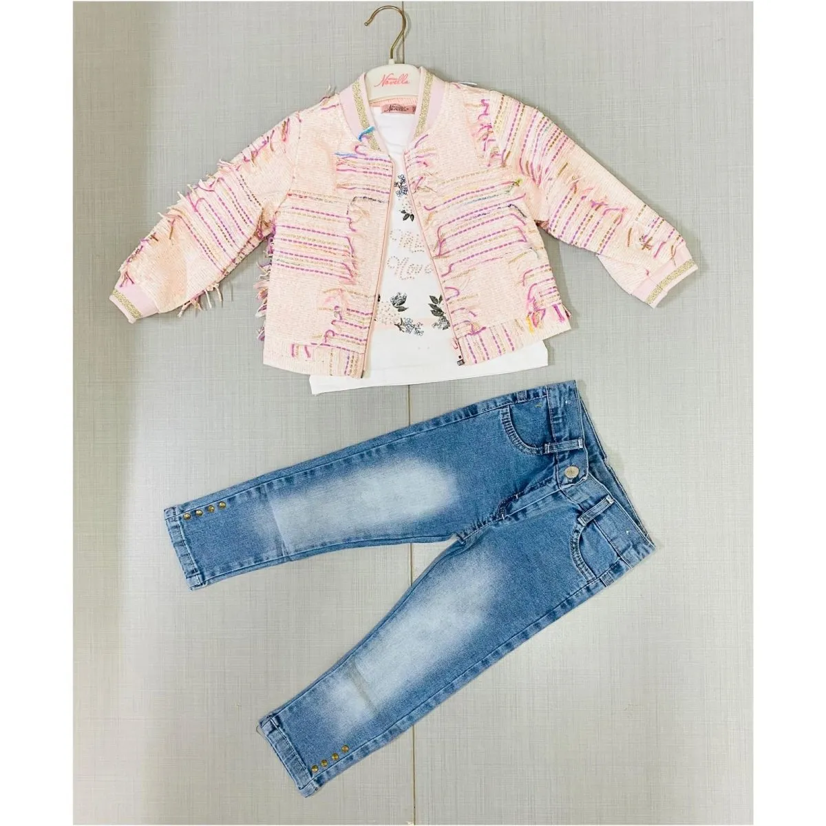 Girls Three Piece Embossed Jacket, Diamante Top & Jeans Set